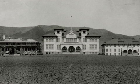Photo of the first three Cal Poly campus buildings.