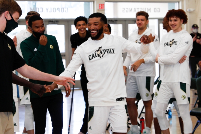 Cal Poly basketball player celebrating