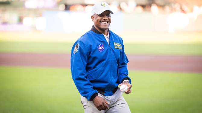 Victor Glover about to throw the first pitch at the Giants game. 