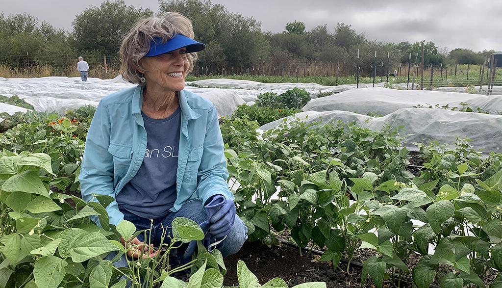 Alum Susan McTaggart kneels in a field, smiling into the distance