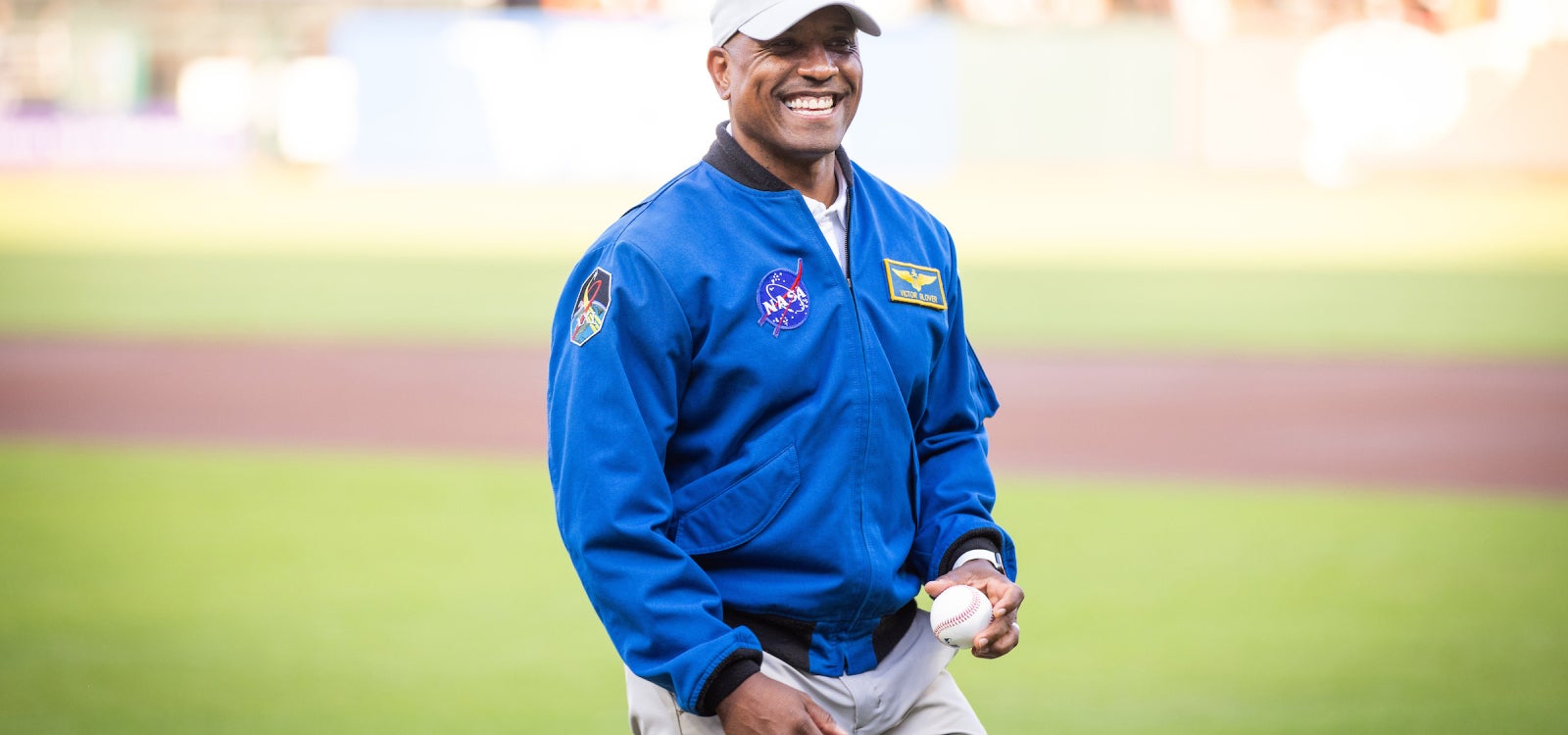 Victor Glover about to throw the first pitch at the Giants game. 