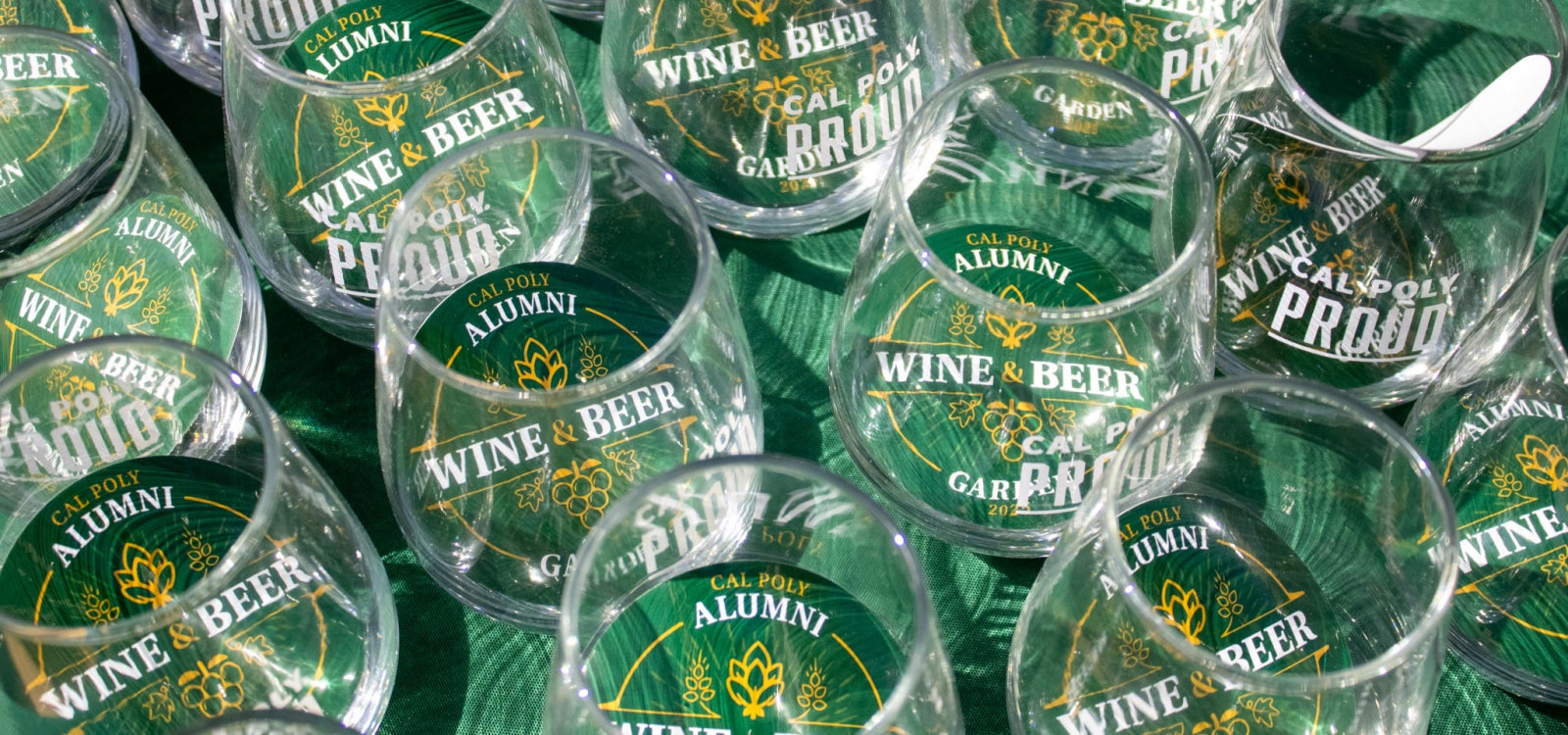 Alumni wine and beer garden glasses filled with stickers