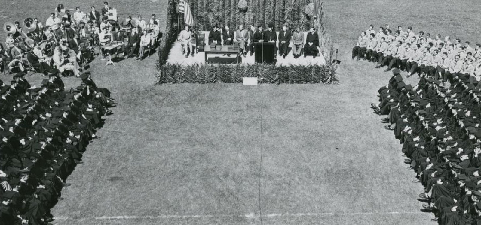 Commencement in 1949. Approximately 270 Cal Poly graduates in the football stadium. 166 men received bachelor of science degrees, which was the largest number of graduates in Cal Poly's history at the time.