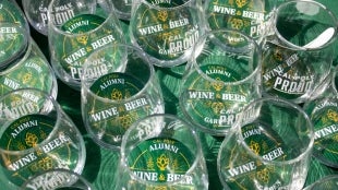 Alumni wine and beer garden glasses filled with stickers
