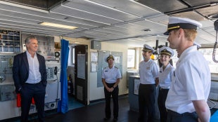 California Gov. Gavin Newsom visits with cadets from Cal Poly Maritime aboard TS Golden Bear. 