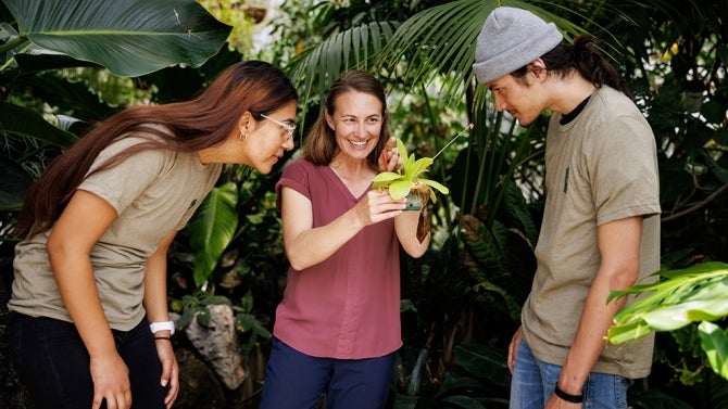 Cal Poly students looking at plants with a professor.
