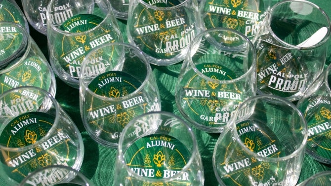 Alumni wine and beer garden glasses filled with stickers