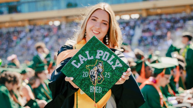 Student holding up their decorated graduation cap.