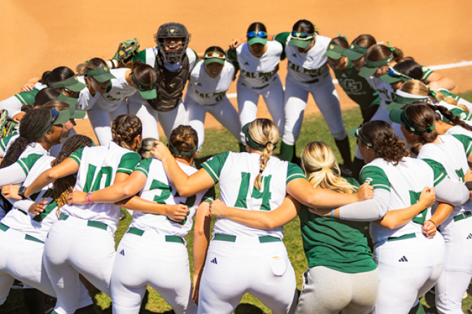 A group of softball players in a huddle
