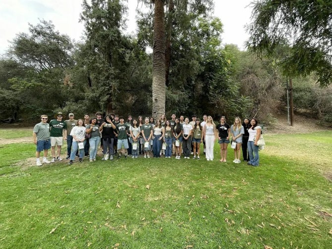 A group smiles for the camera