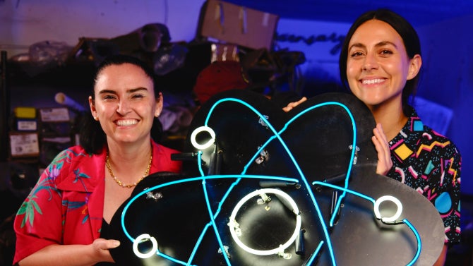 A portrait of alum Danielle Bonnet (left) on CBS Mission Unstoppable with a neon sign.