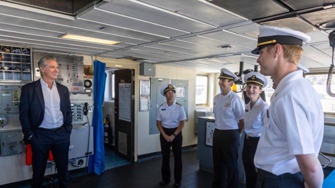 California Gov. Gavin Newsom visits with cadets from Cal Poly Maritime aboard TS Golden Bear. 
