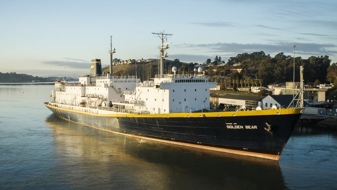 An image of TS Golden Bear at the Cal Poly Maritime campus. 